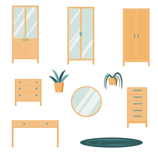 Set of modern wood furniture. Beige colour. Vector illustration.