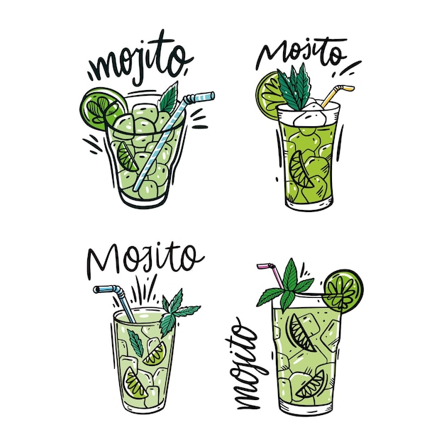 Set of Mojito cocktail and watermelon fresh. Colorful sketch style and lettering. Isolated on white background.  