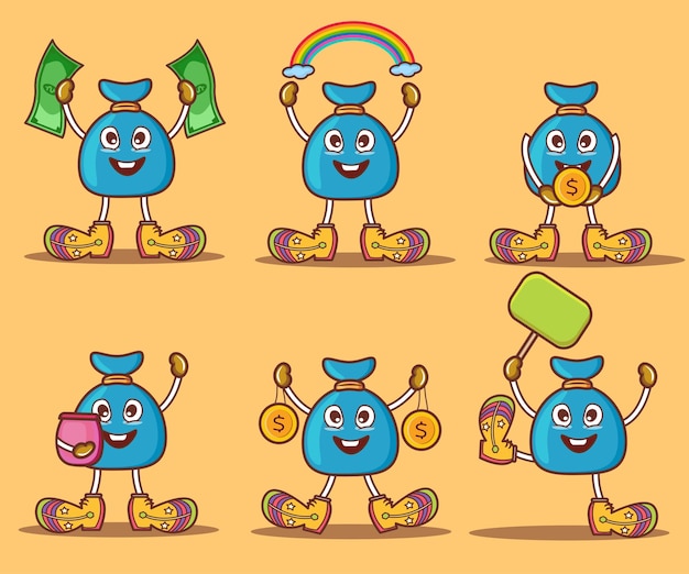 set of money bag character cartoon. Different expression for cute character vector illustration