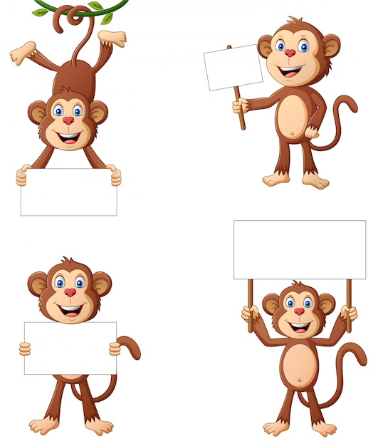 Set of monkey cartoon holding a text board.  illustration