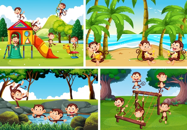 Set of monkey in nature background