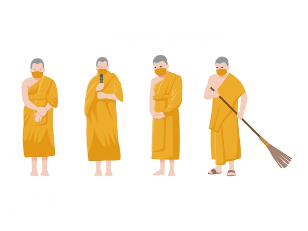 Set of monks. Social Distancing, Monk keep distance for infection risk and disease