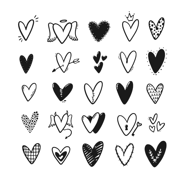 Set of monochrome doodled hearts for stickers and prints