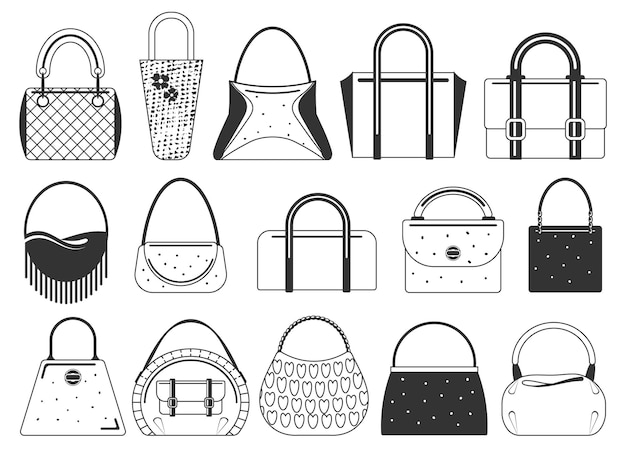 Vector set of monochrome fashion bags icons isolated on white black and white objects vector illustration doodle style