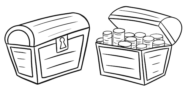 A set of monochrome illustrations Wooden chest with gold coins pirate treasure chest vector