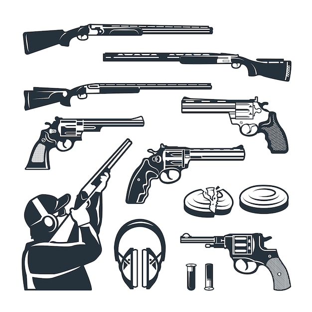  set of monochrome pictures of different weapons and accessories for shooting club. Weapon rifle and gun shooting illustration