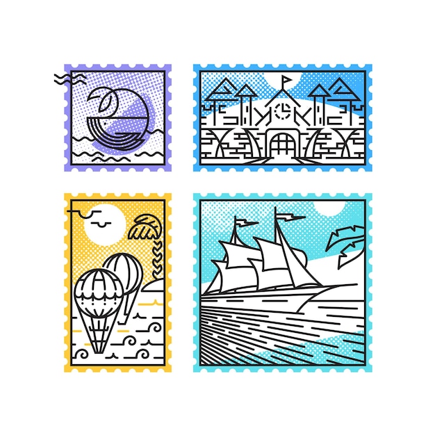 Set of monoline postage stamps, sea vacation and marine theme. Postal decorations for letters and designs.