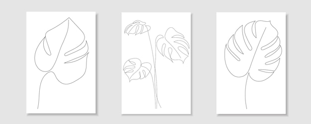 Set monstera leaf vector in one line continuous outline drawing in minimalistic style Tropical leaf