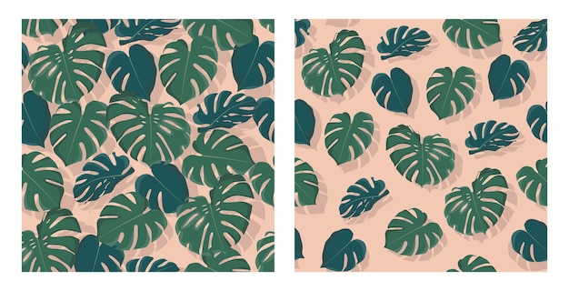 Set of monstera leaves silhouette with shadows patterns on trendy coral background Flat illustration