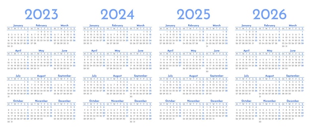 Set of monthly calendar templates for 2023 2024 2025 2026 years