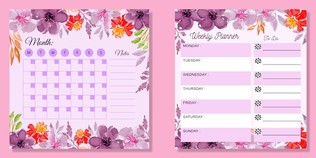 Set Monthly and weekly planner watercolor floral