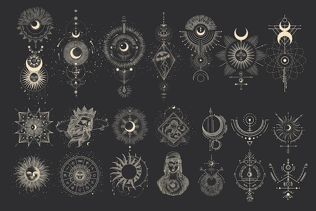 set of moon phases. Different stages of moonlight activity in vintage engraving style.