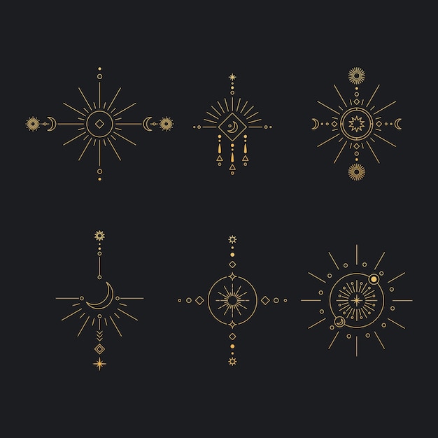 Vector set of moon and sun line art minimal boho linear symbols celestial mystic element vector line art