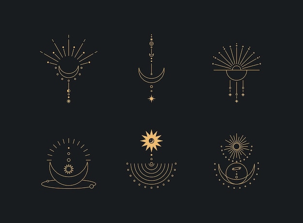 Set of moon and sun line art. Minimal boho linear symbols. Celestial mystic element.