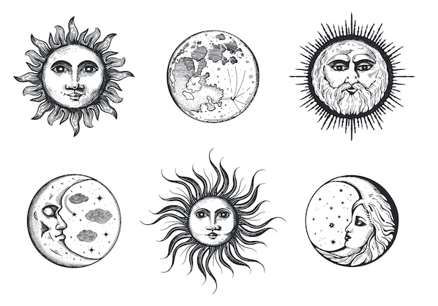 Set of moon and sun vector illustration Moon crescent sun illustrations in engraving style