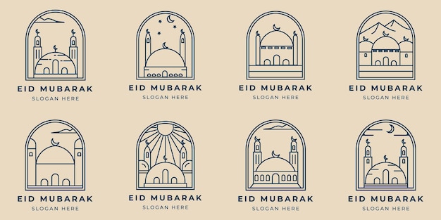 Set mosque line art logo minimalist with emblem vector illustration template design