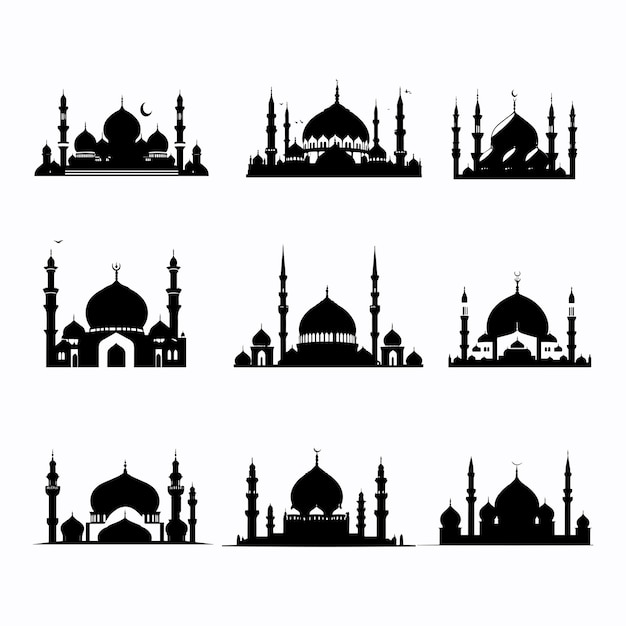 set of mosque silhouettes with various model variations for ornament design and other needs vector illustration