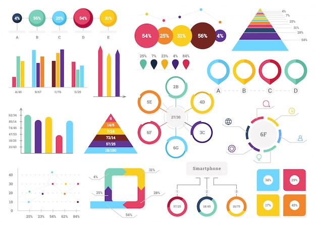 Set of most useful infographic elements - bar graphs, pie charts, steps and options