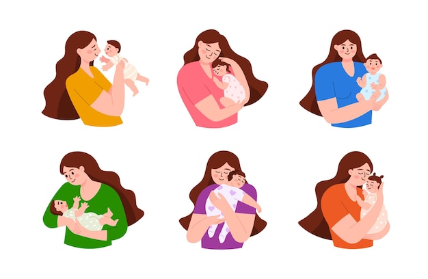 A Set Of Mother Holding Baby Son Or Daughter In Her Arms Cartoon Flat Illustration Mother's Day