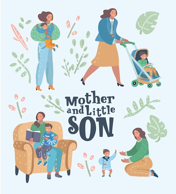 Set of mother with son in different situations