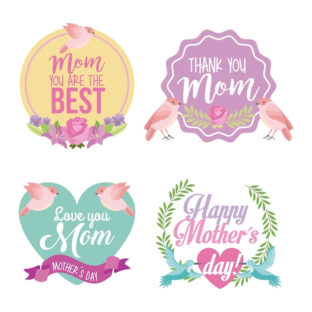 set mothers day badges in vintage romantic flowers style