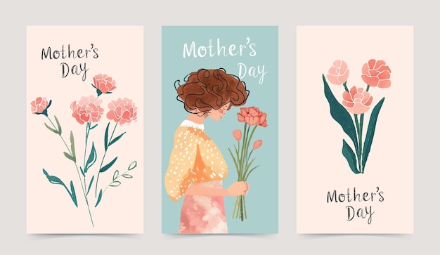 Vector a set of mothers day cards featuring watercolor illustrations of women with carnations and bouquets