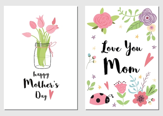 Vector set of mothers day cards love you mom hand drawn romantic vector illustration with tulips pink meadow flowers ladybug leaves and branches cute collection of lovely symbols for mom day template