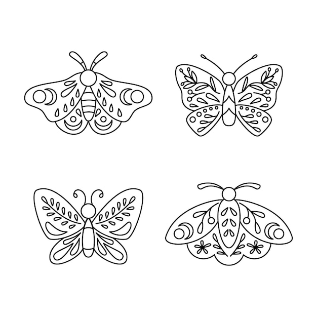 Set of moths and butterflies in doodle style. Vector illustration