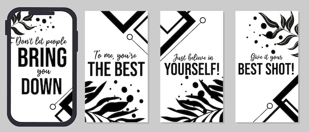 Vector set of motivational quote templates for social media stories. black and white background with leaf