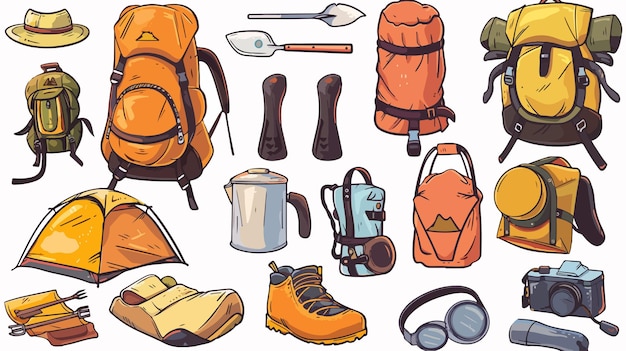 Vector set of mountain hiking items isolated on white background