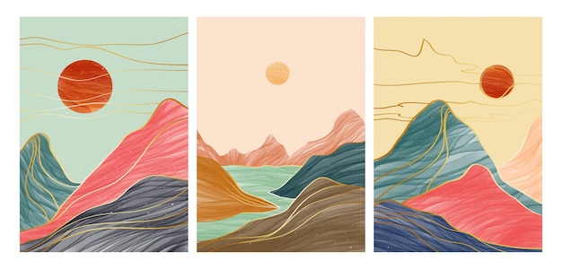 Set of Mountain landscape with line art mountain sunset and river Abstract mountain contemporary aesthetic backgrounds landscapes vector illustrations