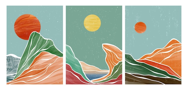 Set of Mountain landscape with watercolor brush and line art Abstract mountain contemporary aesthetic backgrounds landscapes vector illustrations