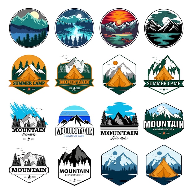 Set of mountain logo vector illustrations. Premium abstract design for logo, badge, sticker, club,