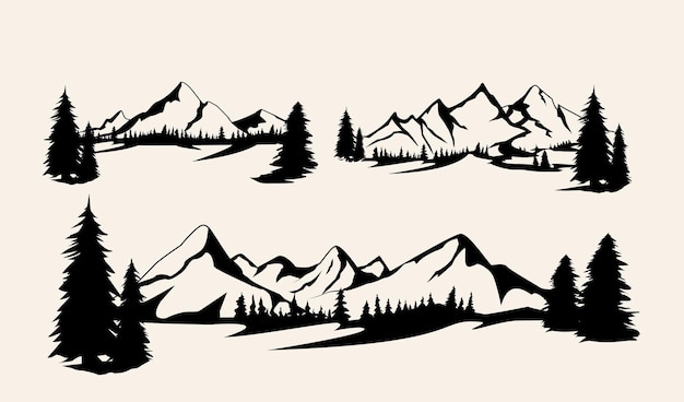 Set of mountains Collection of stylized mountain landscapes Black and white illustration of mountains Linear art Logo