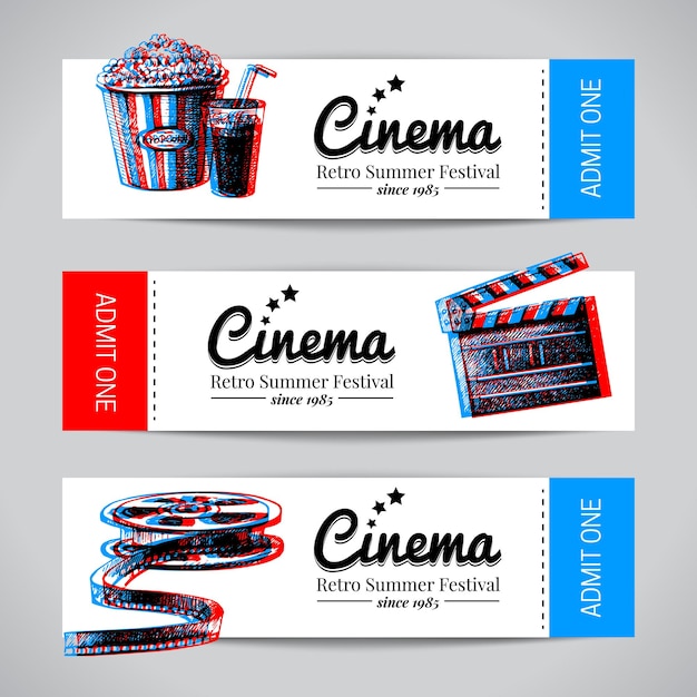 Set of movie banners. Cinema festival tickets with hand drawn sketch vector illustrations