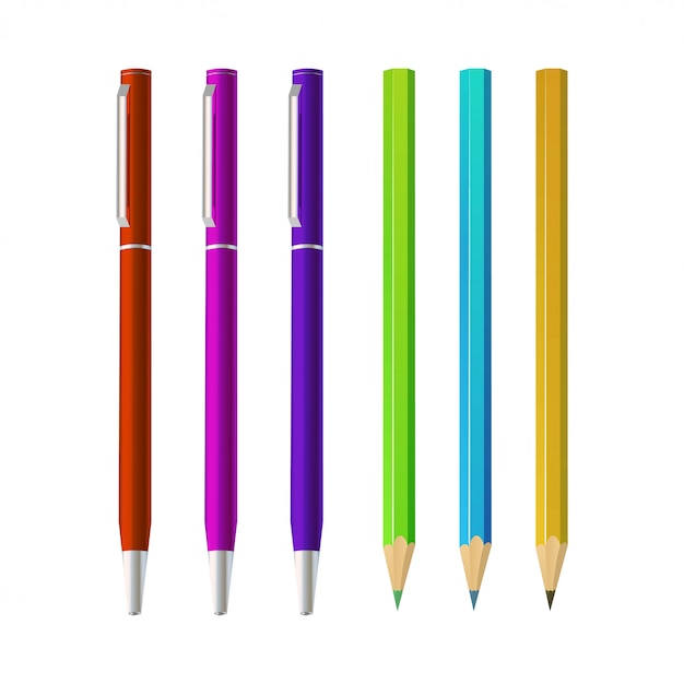 Set of multi-colored pencils and pens on a white background. Realistic style