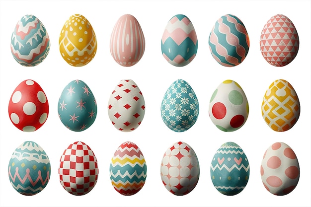 Set of multicolor Easter eggs with different texture on a white background Spring holiday