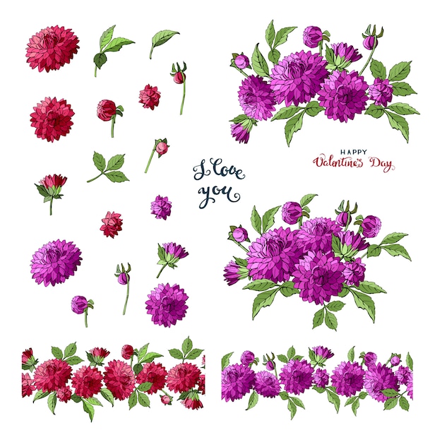 Set of multicolored dahlia floral elements