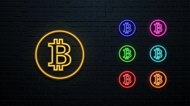 A set of multicolored icons of the Bitcoin cryptocurrency Neon glowing BTC symbols in seven colors