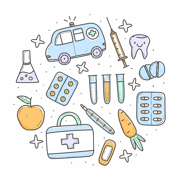 Set of multicolored medical items in the style of doodle in the shape of a circle