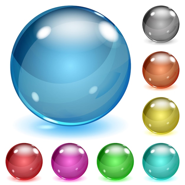 Set of multicolored opaque glass spheres with glares and shadows