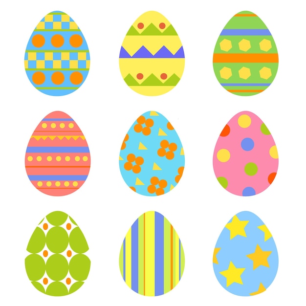 Set of multicolored painted eggs Easter collection for decoration Vector illustration in cartoon