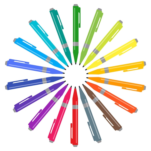 Set of multicolored pens placed in a circle. Vector illustration.