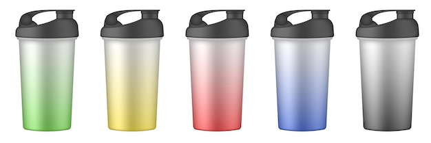 Set of multicolored sport cups or bottles for water Protein shake drink Green black yellow blue and purple gradient travel cups