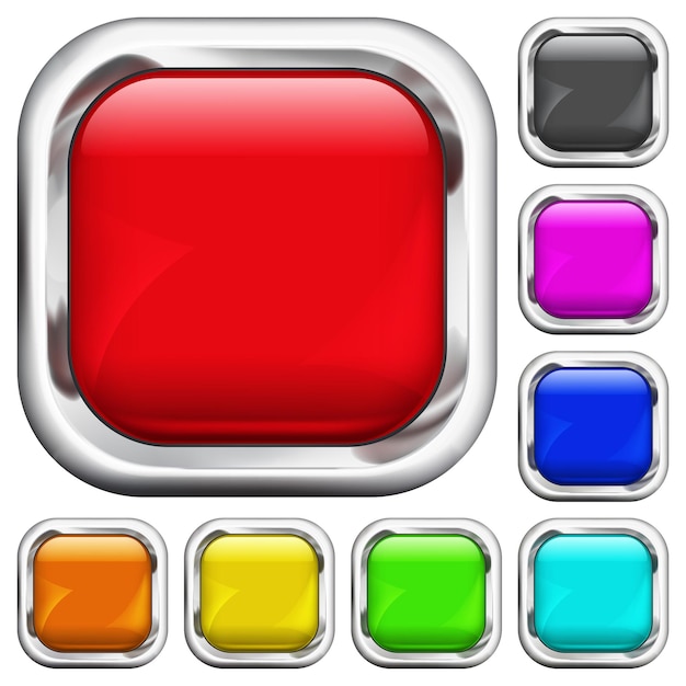 Vector set of multicolored square buttons with metallic borders