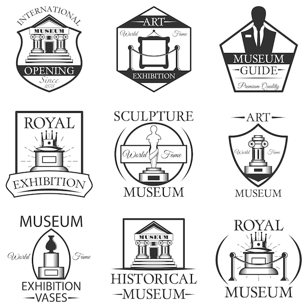  set of museum isolated labels, logo and emblems. Black and white museum symbols and design elements. Art, statue, museum building, ticket.