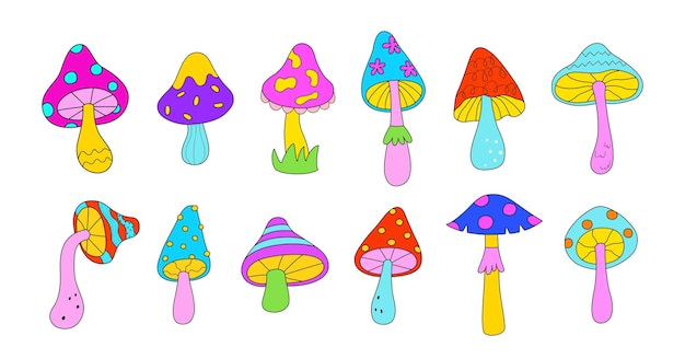 Set of mushroom in 1970 style Psychedelic colorful abstract mushrooms Vector illustration isolated on white background