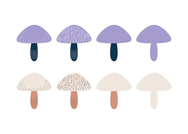 Set of mushroom vector illustrations purple and brown colors simple design for kids autumn