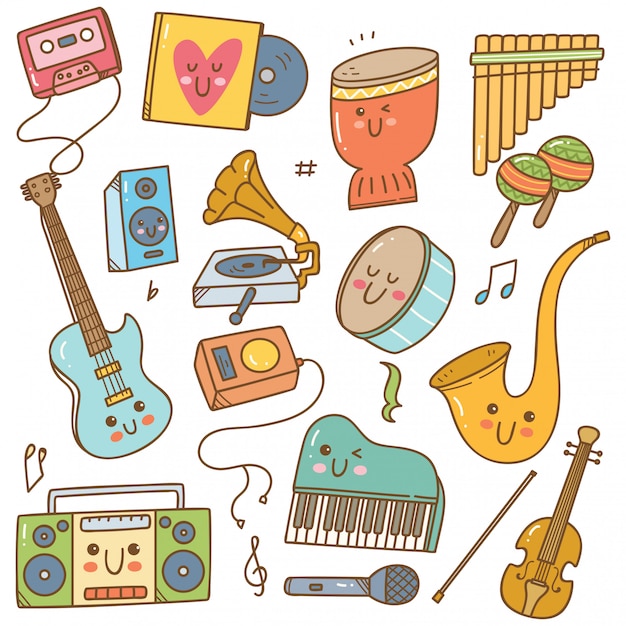 set of music instrument in doodle style