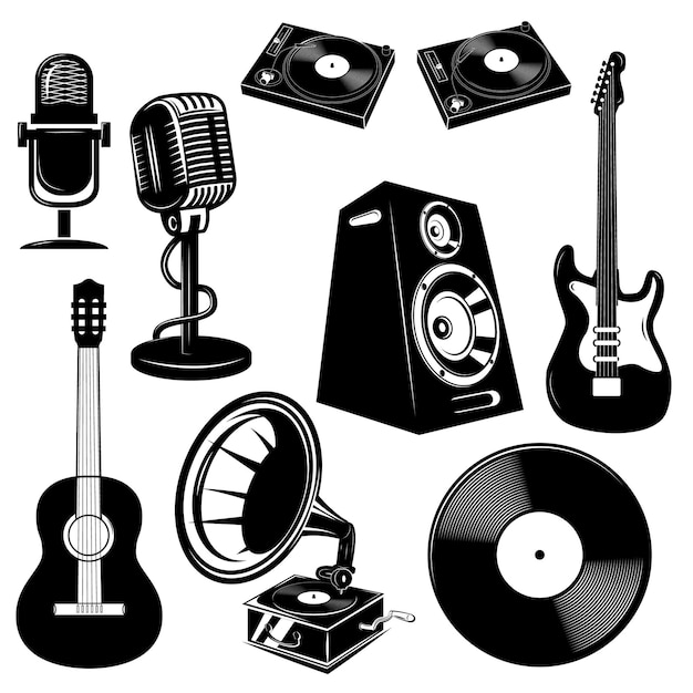 Vector set of the music instruments microphones speakers guitars dj equipment elements for logo label